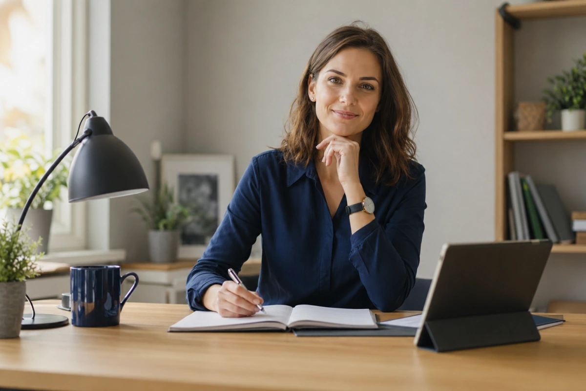 Kobieta przy biurku z notesem i tabletem — historia Anny, 32 lata, jak skonsolidowała 6 chwilówek w jeden kredyt.