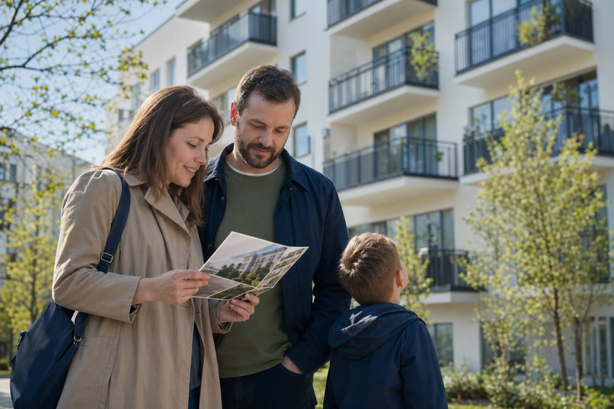 Polska rodzina przed nowym blokiem czyta materiały informacyjne — Bezpieczny Kredyt 2026 i rządowe dopłaty mieszkaniowe.
