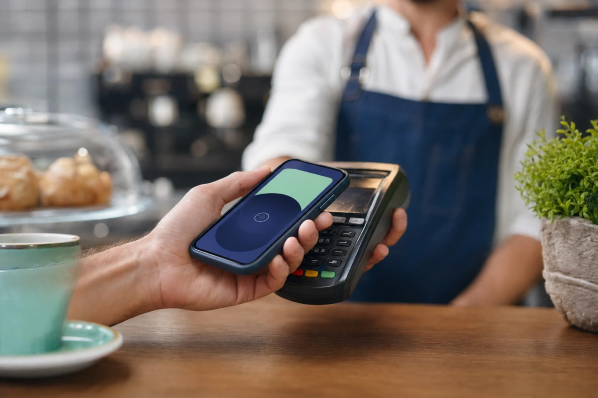 Smartfon nad terminalem płatniczym przy kasie kawiarni — BLIK jak działa, kod sześciocyfrowy do płatności.
