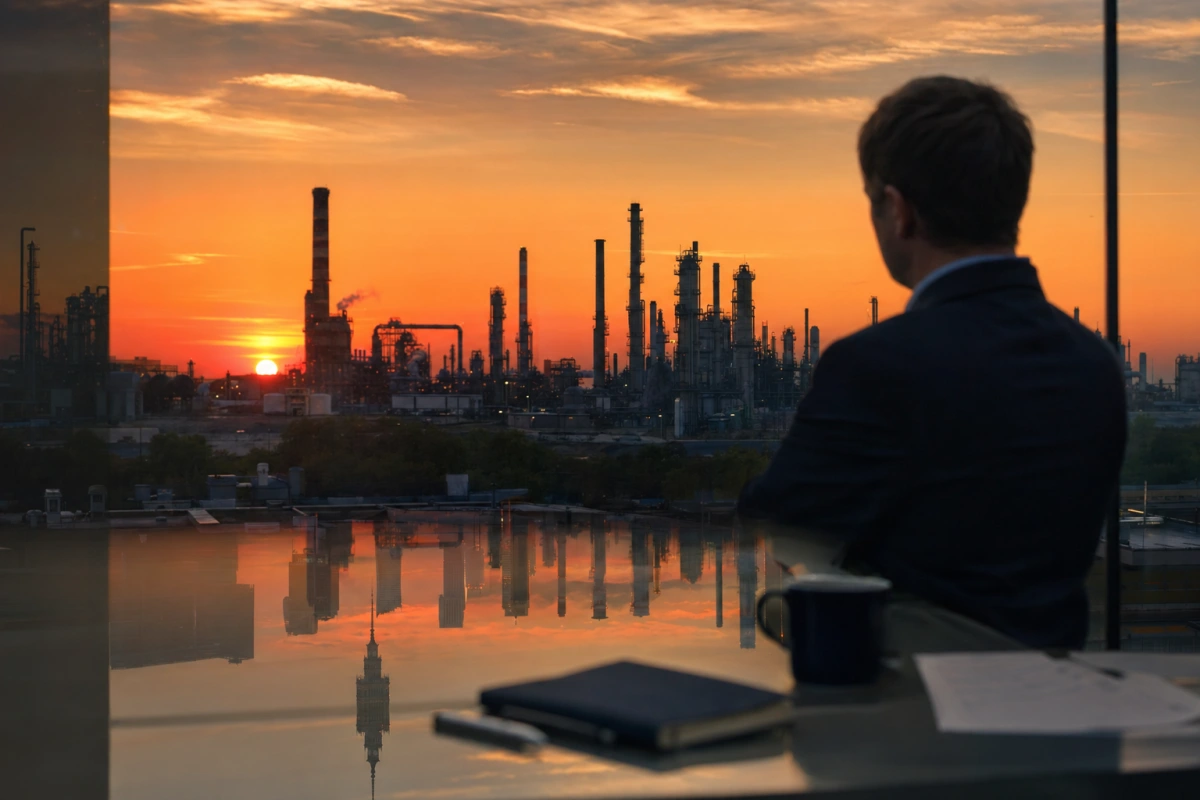 Sylwetka rafinerii o zachodzie z odbiciem polskiego miasta — wpływ wydarzeń na Bliskim Wschodzie na ratę kredytu.