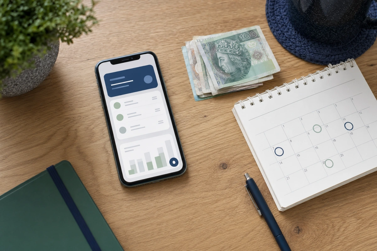 Smartfon z aplikacją finansową, banknoty i kalendarz na biurku — chwilówka czy pożyczka ratalna, porównanie produktów.