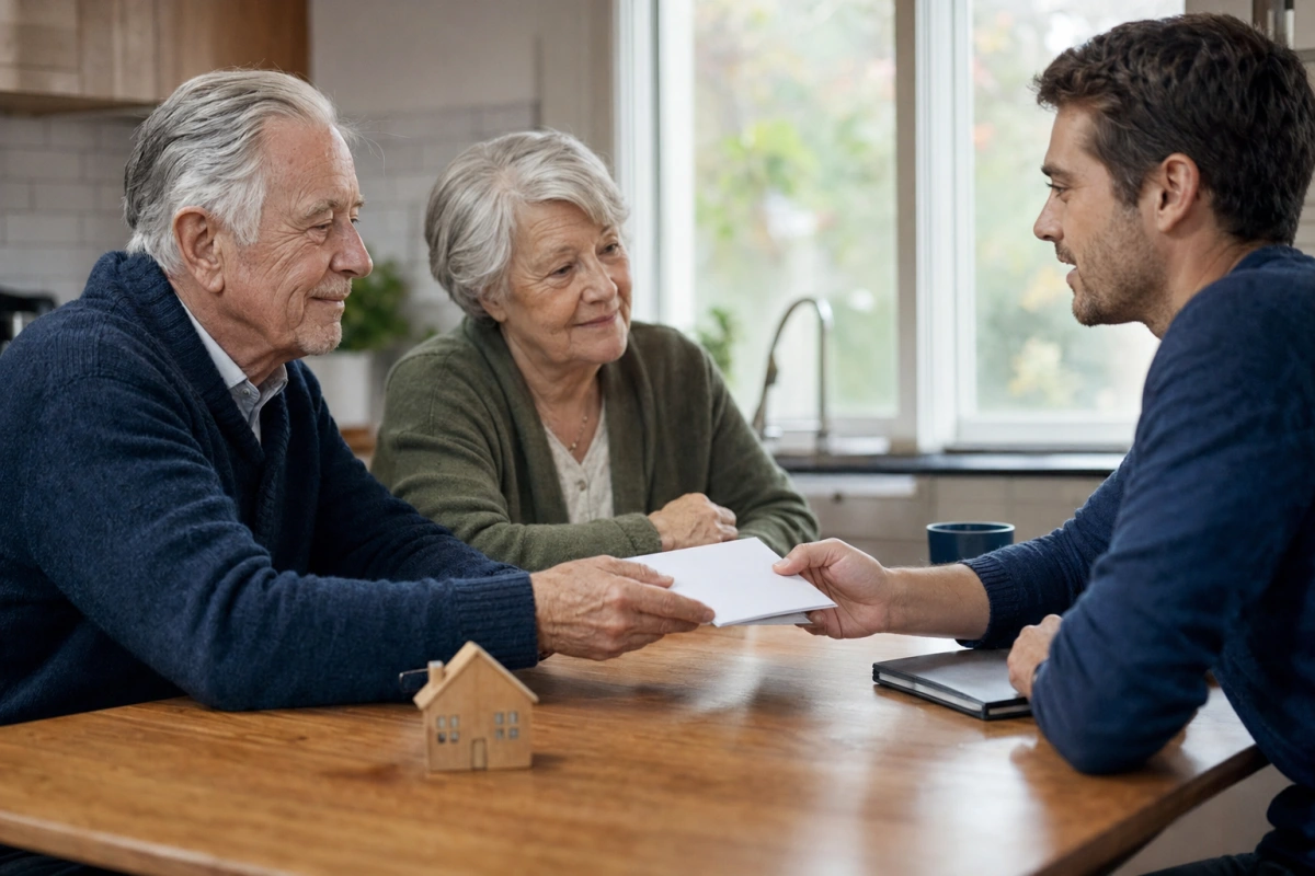 Dłonie rodziców i dziecka nad kopertą i modelem domu — darowizna od rodziców, podatek SD i formularz SD-Z2.