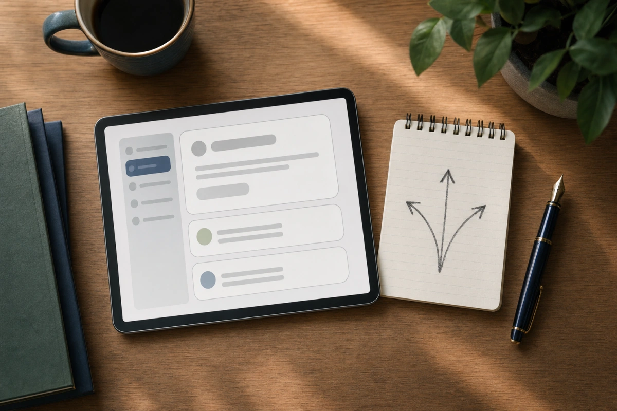 Tablet z abstrakcyjnym kreatorem decyzji i schemat strzałek na notesie — dopasuj pożyczkę, kreator dobierający produkt do potrzeb.