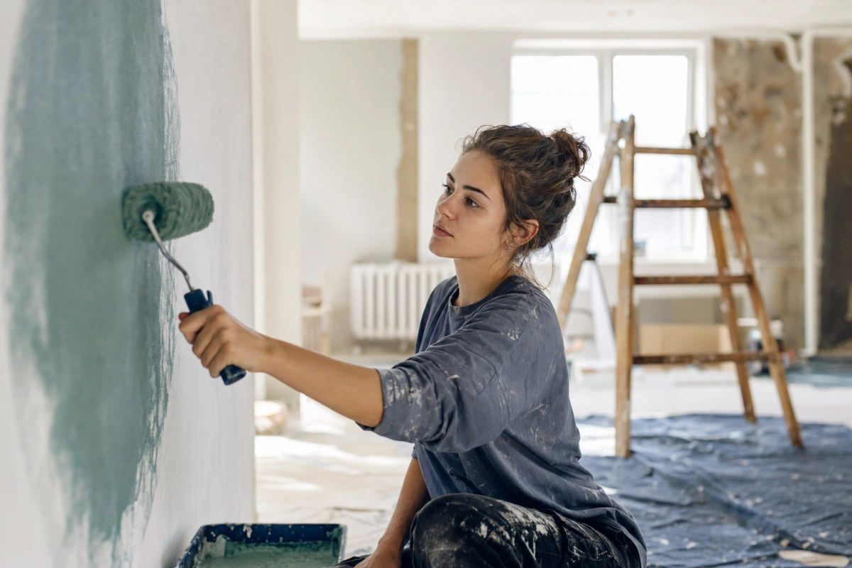 Młoda kobieta maluje ścianę w remontowanym mieszkaniu — efekt IKEA w nieruchomościach i wartość włożonej pracy.
