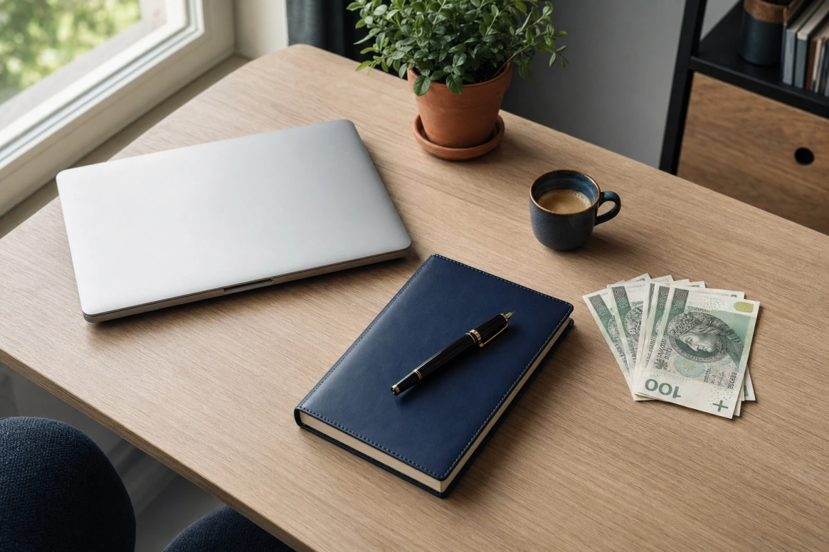 Biurko z laptopem, granatowym notesem, filiżanką espresso, doniczką z roślinką i banknotami 100 zł — krótkoterminowe oszczędzanie 3-12 miesięcy na koncie i lokacie.