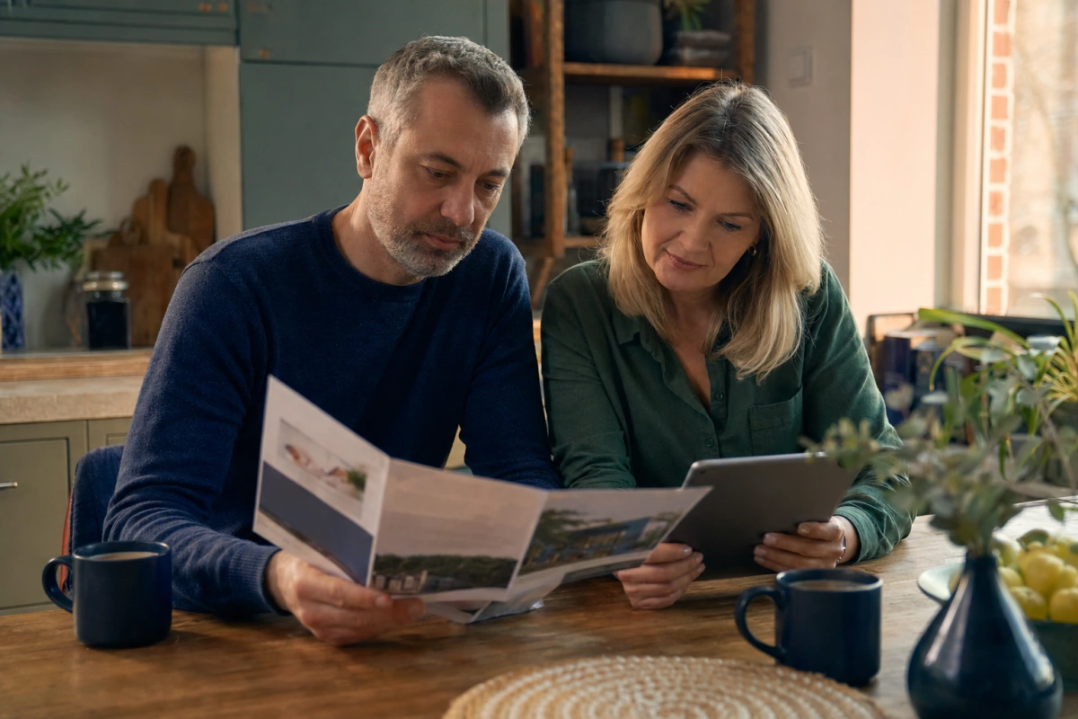 Para w średnim wieku ogląda materiały o emeryturze przy kuchennym stole — IKE czy IKZE, jak wybrać III filar.