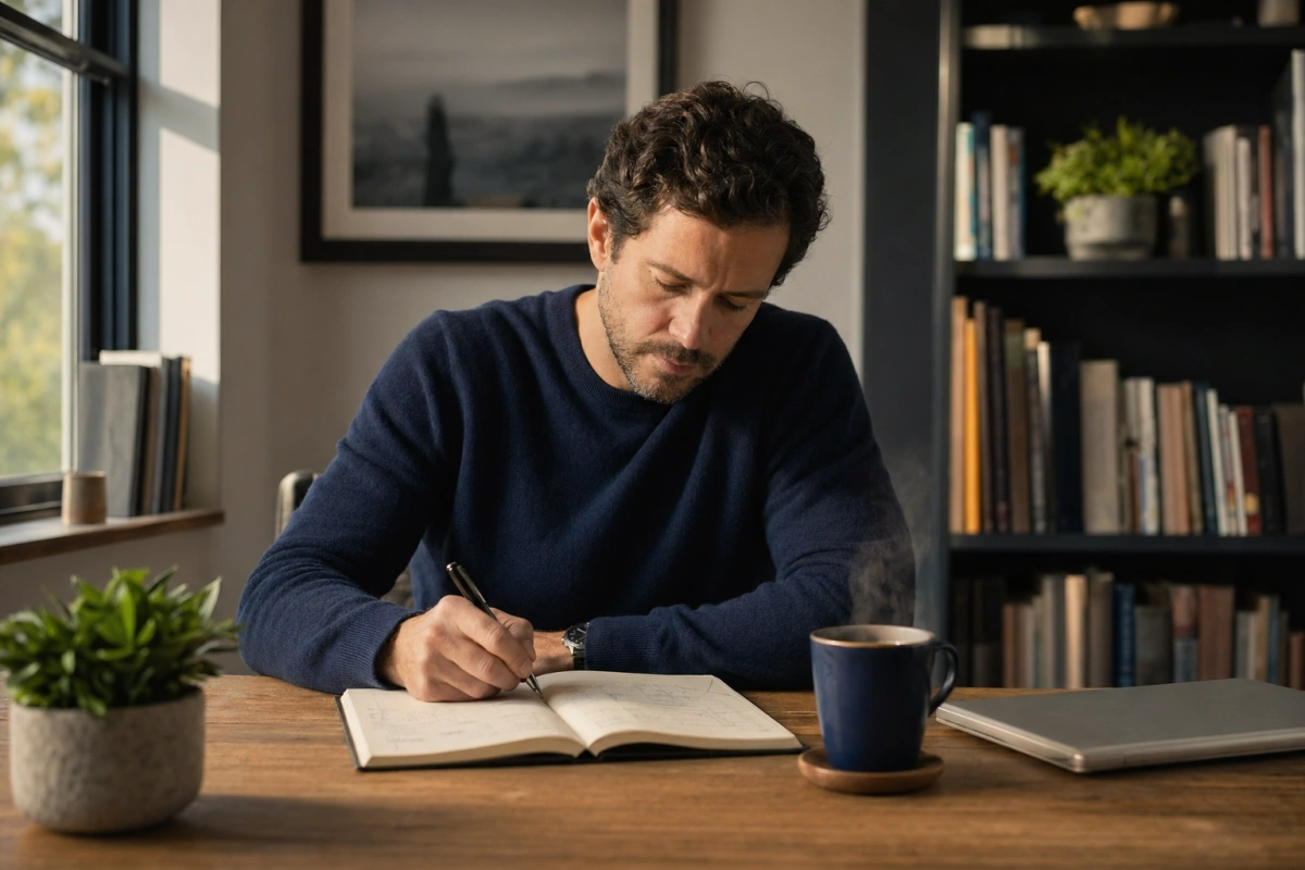 Spokojne biurko domowe z notesem i herbatą — jak przygotować finanse domowe na recesję 2026.
