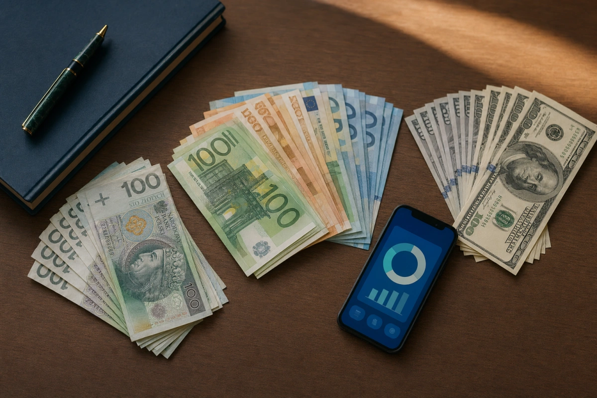 Banknoty złoty, euro i dolary obok smartfona z aplikacją bankową — konto walutowe ranking 2026 dla podróżujących.