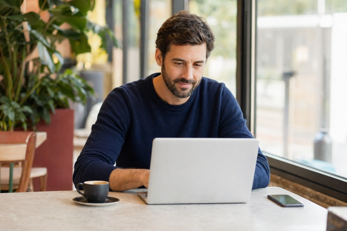 Freelancer pracuje na laptopie w jasnej kawiarni — kredyt gotówkowy bez zaświadczeń o dochodach dla samozatrudnionych.