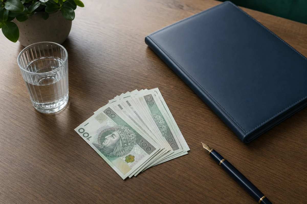 Plik banknotów 100 zł, granatowa teczka i pióro na biurku — kredyt gotówkowy 30 000 zł na 2026 r.