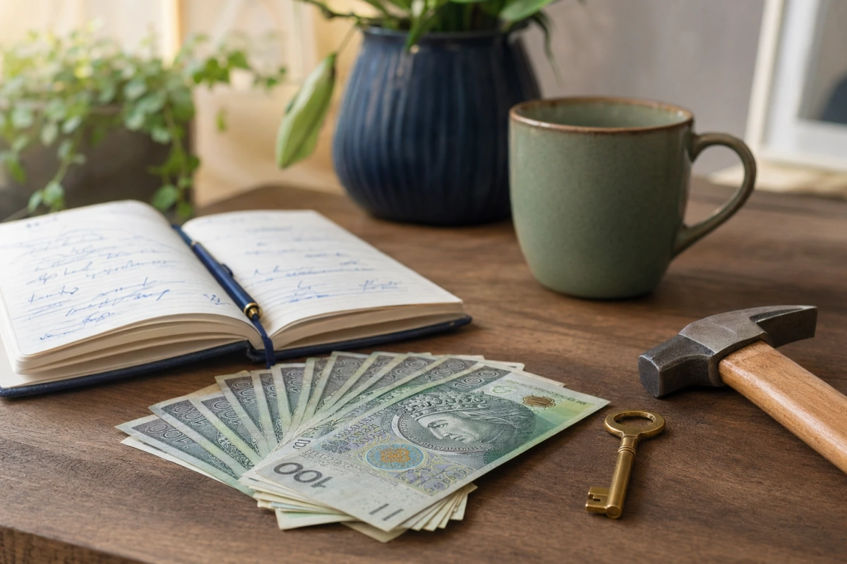 Banknoty 100 zł, planer i klucz na biurku — kredyt gotówkowy 50 000 zł na remont lub większe wydatki.