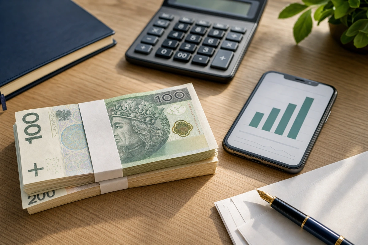 Banknoty 100 i 200 zł, kalkulator i smartfon z wykresem na biurku — ranking kredytów gotówkowych 2026 po obniżce stóp NBP.