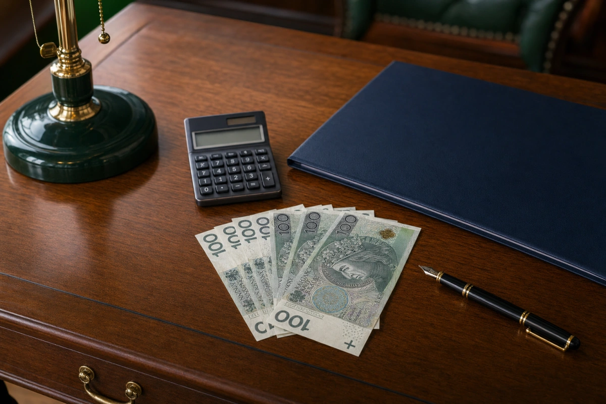 Granatowa teczka, kalkulator, pióro i banknoty 100 zł na biurku — kredyt gotówkowy w bankach, ranking ofert 2026.