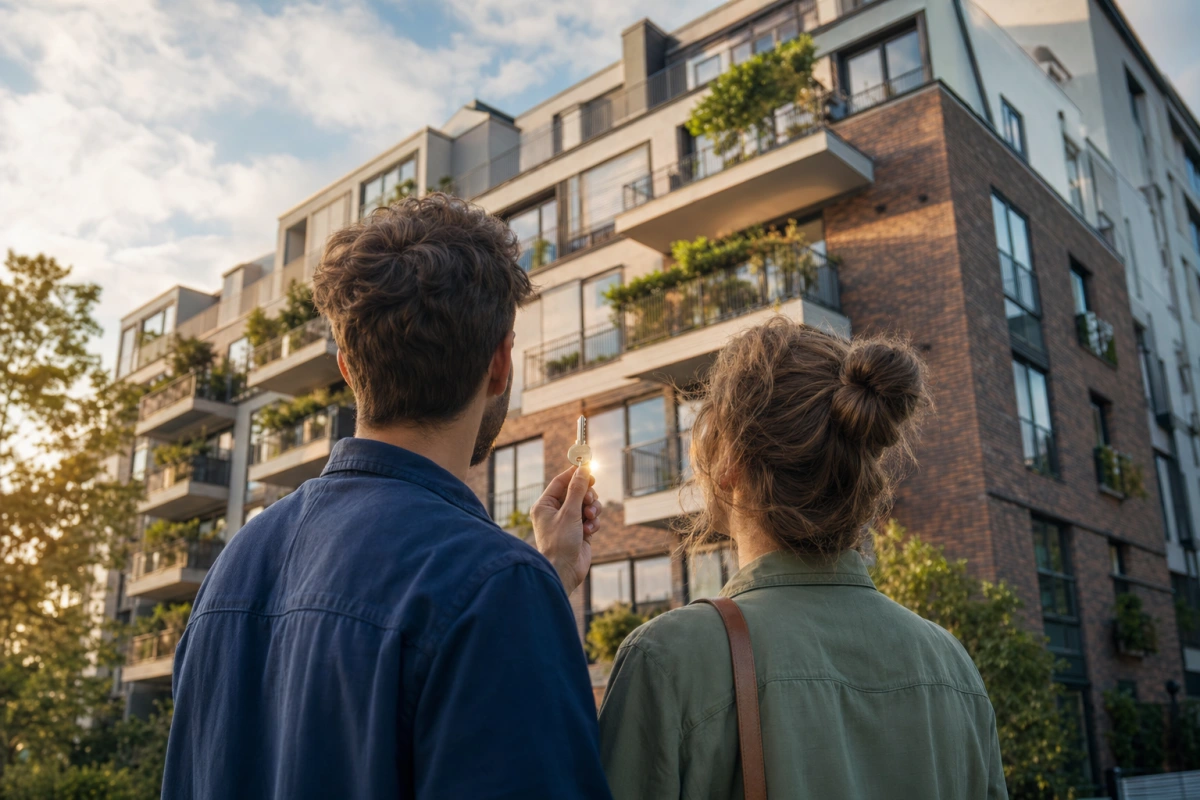 Para oglądająca nowoczesny blok mieszkalny w polskim mieście, jedna z osób trzyma klucz — symbolika zakupu mieszkania na kredyt hipoteczny 500 000 zł.
