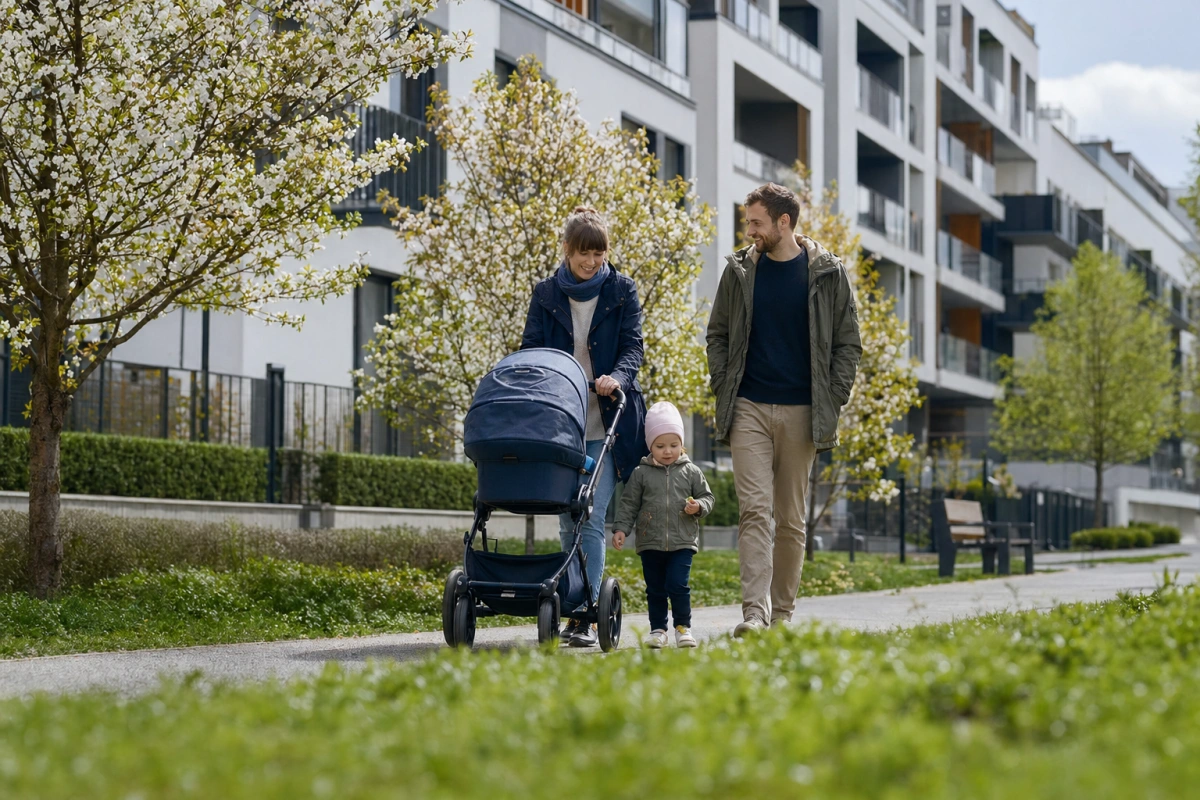 Nowoczesne polskie bloki mieszkalne wiosną i polska rodzina spacerująca z wózkiem — kredyt hipoteczny w ofercie banków na kwiecień 2026.