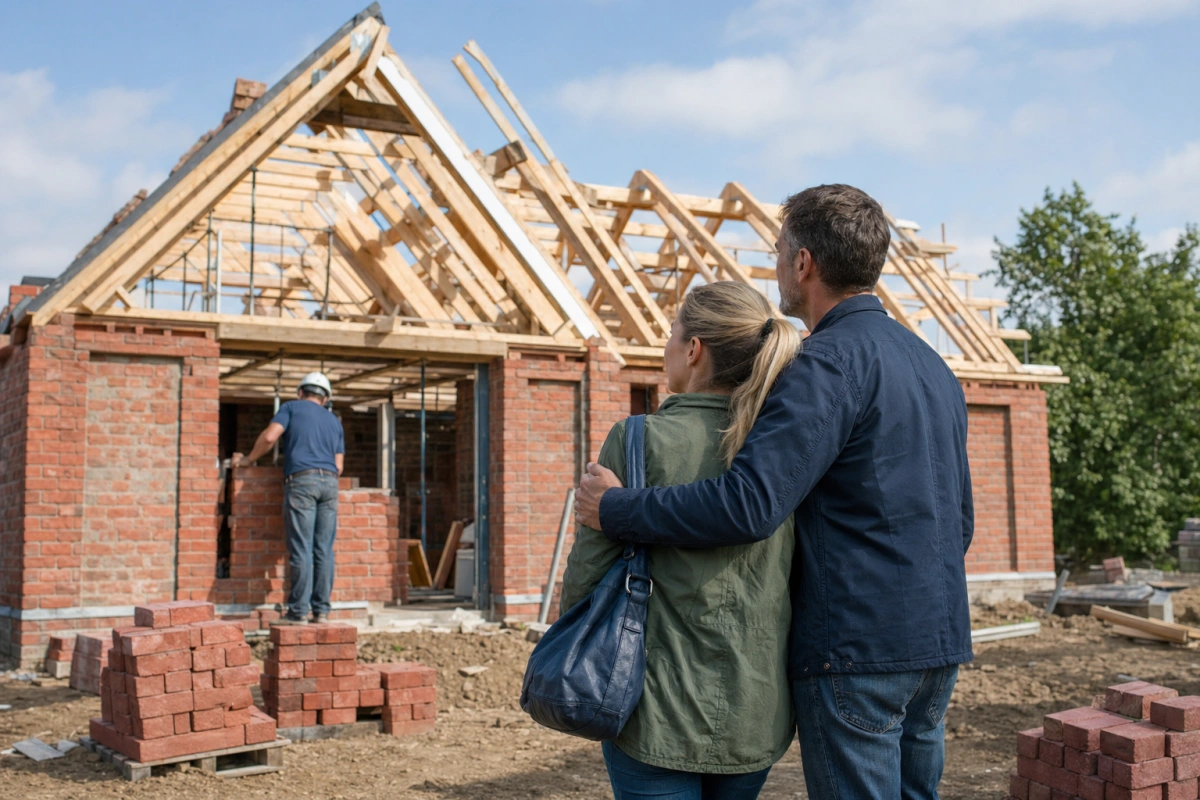 Konstrukcja domu jednorodzinnego w trakcie budowy w polskim krajobrazie — kredyt na budowę domu w 2026 r.