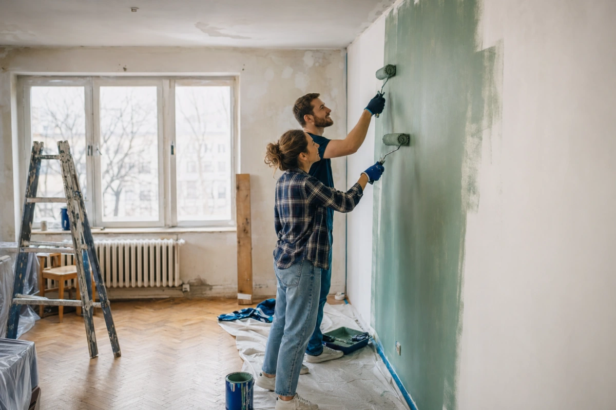 Para maluje ściany w remontowanym polskim mieszkaniu — kredyt na remont mieszkania lub domu w 2026 r.