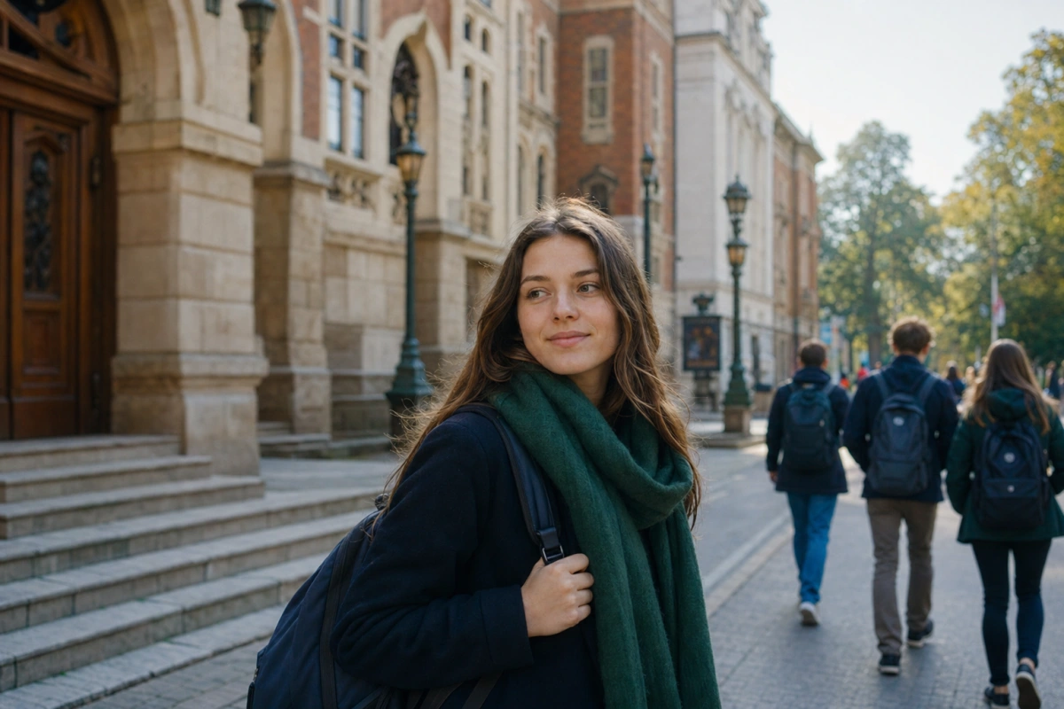 Polski student z plecakiem przed budynkiem uczelni — preferencyjny kredyt studencki na 2% w roku akademickim.