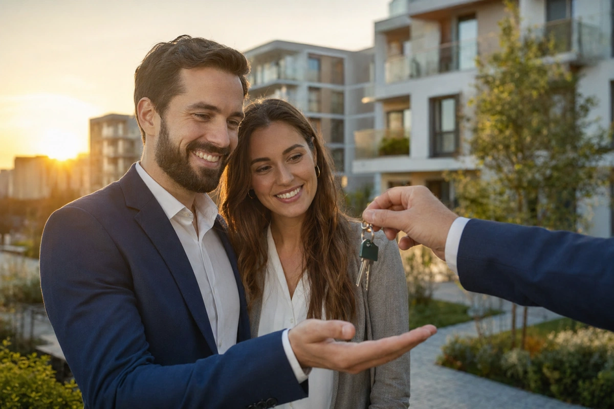 Nabywcy odbierają klucze do mieszkania w nowoczesnym osiedlu w Polsce — kredyt mieszkaniowy 0% w 2026 r.