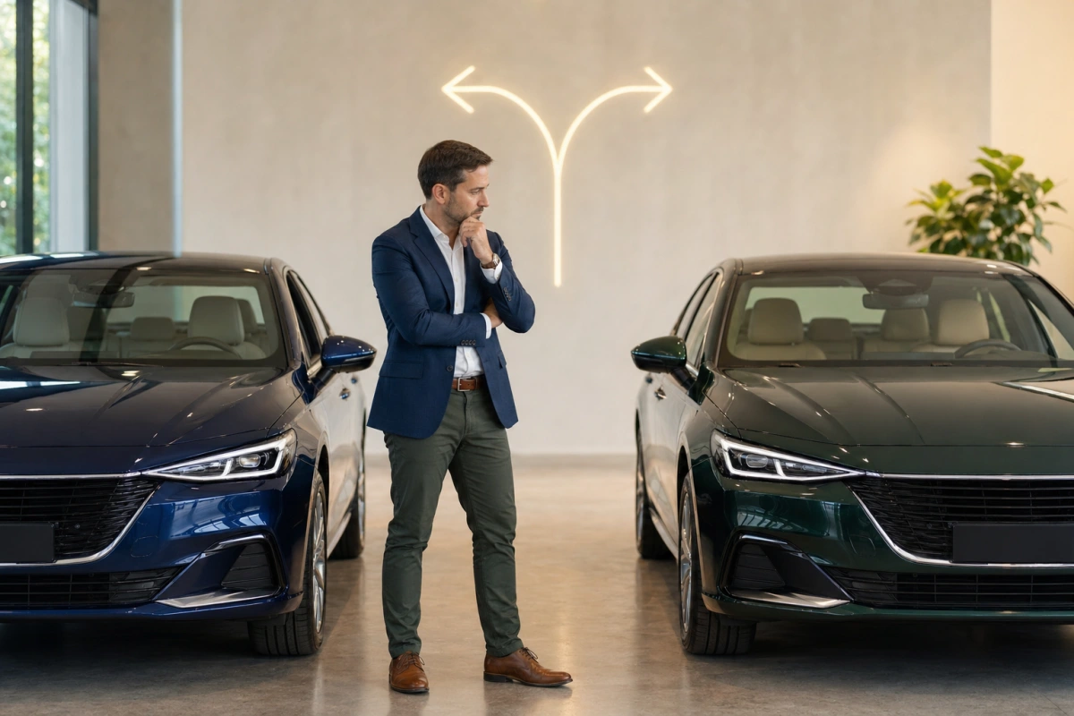 Dwa nowoczesne samochody w salonie obok siebie — leasing czy kredyt samochodowy, porównanie form finansowania auta.