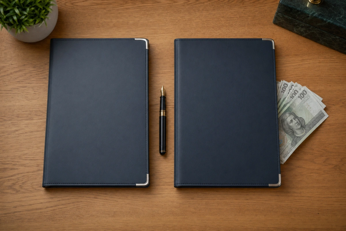 Dwie teczki bankowe i banknoty 100 zł na biurku — porównanie mBank vs Santander, kredyt gotówkowy w 2026 r.