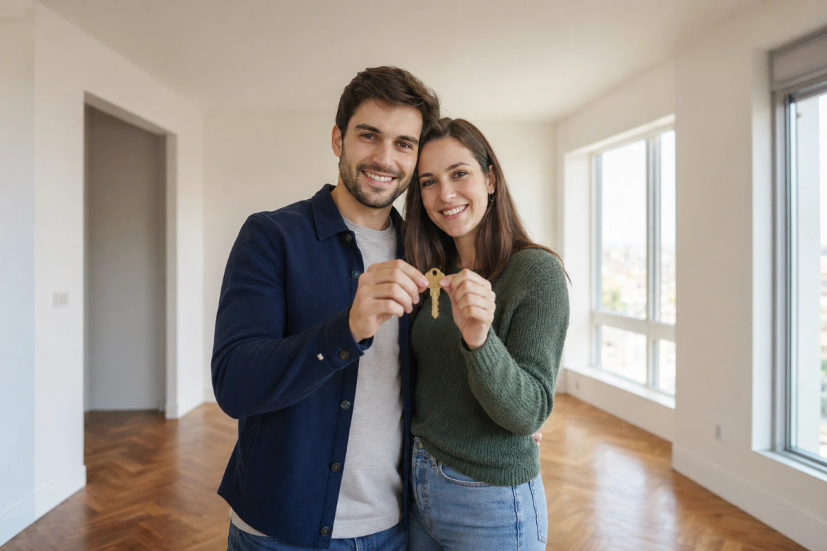 Młoda para z kluczem w nowym, pustym mieszkaniu w pełnym świetle — zakup mieszkania bez wkładu własnego w 2026 r.
