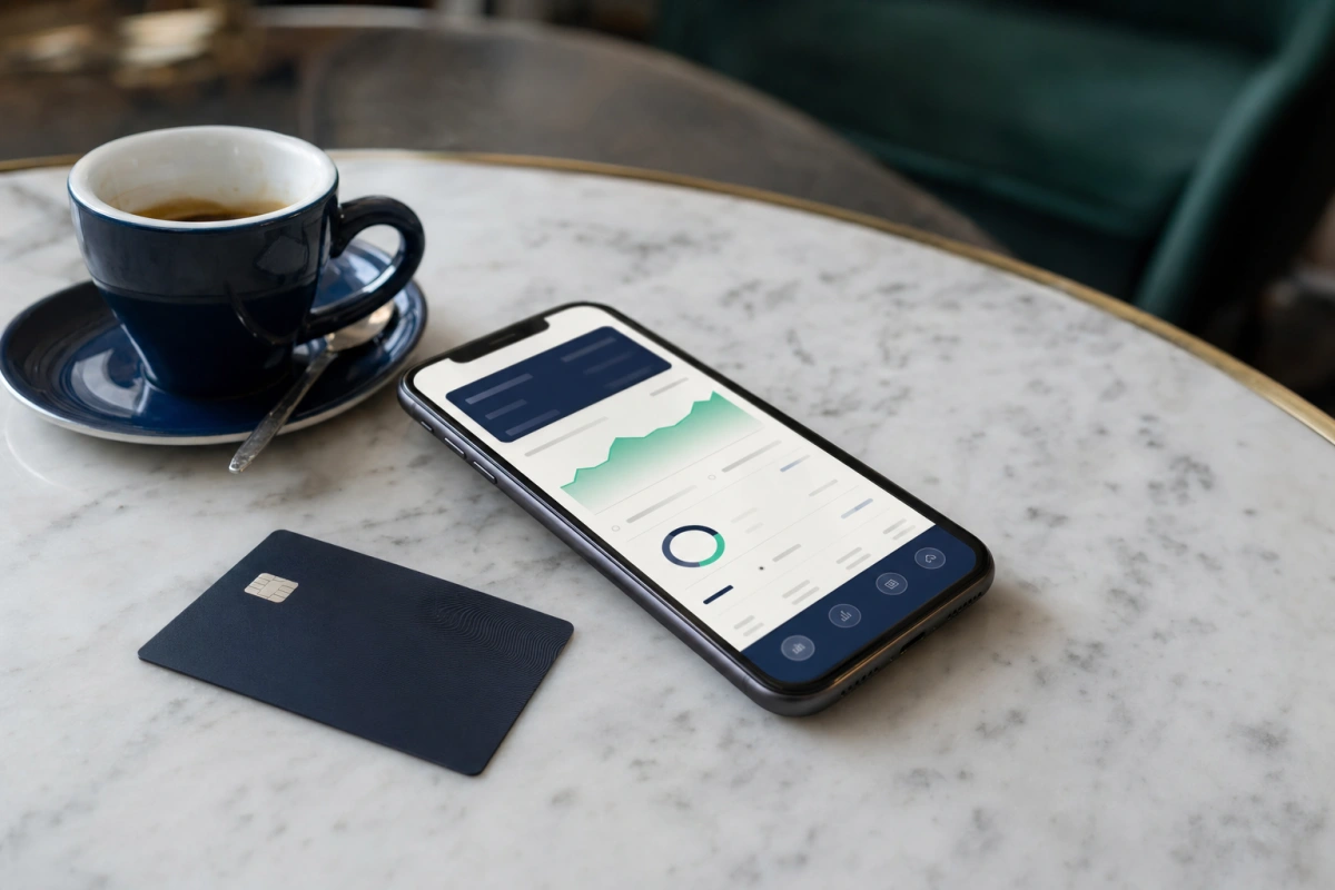 Smartfon z aplikacją bankową, espresso i karta na marmurowym stoliku — neobanki w Polsce, Revolut, N26 i Vivus.