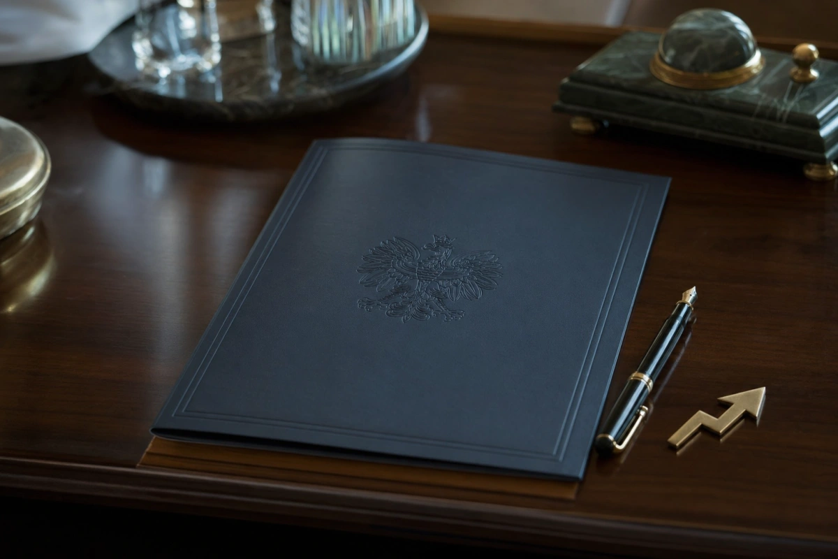 Granatowa teczka i pióro na ciemnym biurku — obligacje skarbowe indeksowane inflacją w 2026 r.