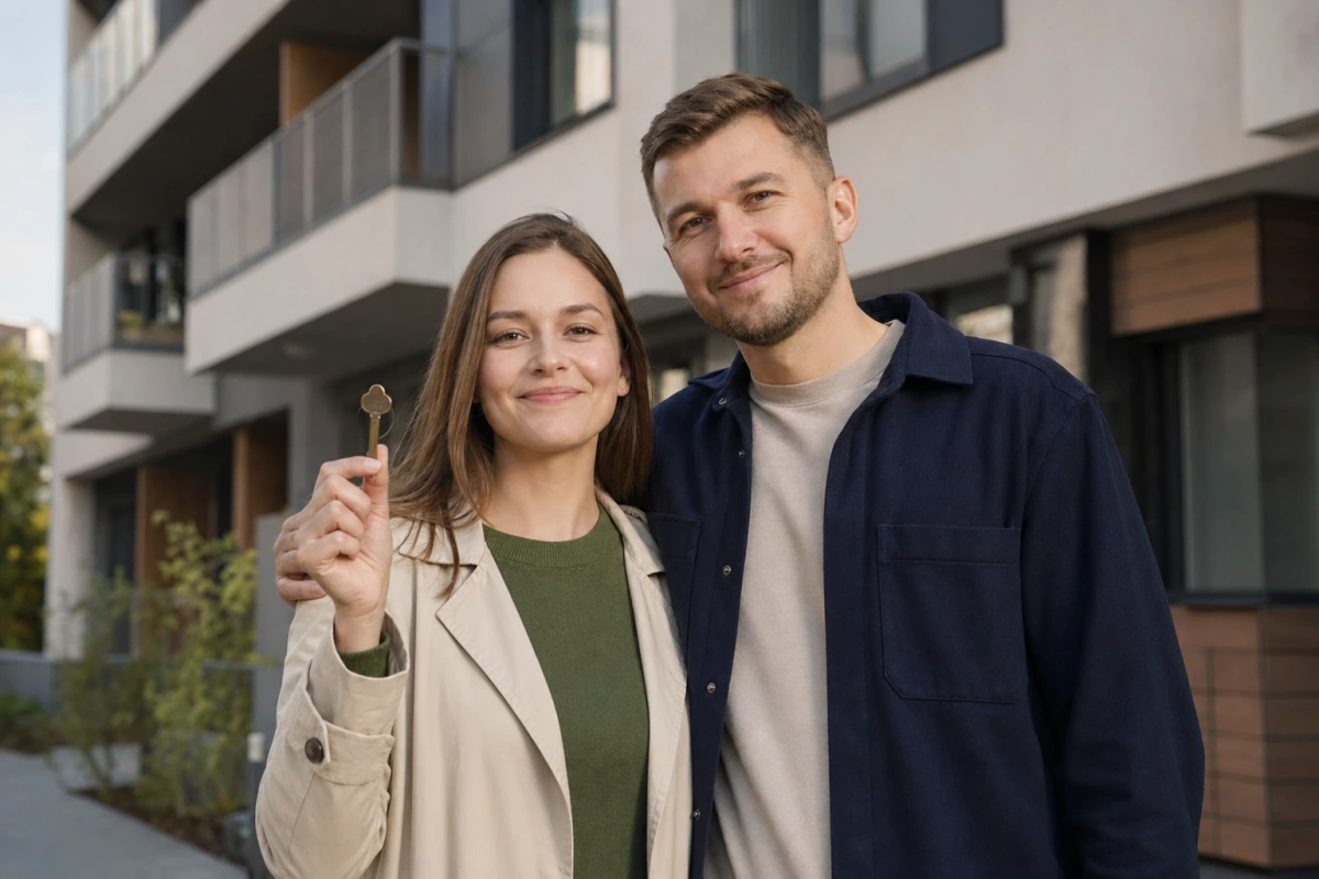 Młoda para z kluczem przed nowoczesnym blokiem — historia Pawła i Marty, jak kupili pierwsze mieszkanie na kredyt hipoteczny.