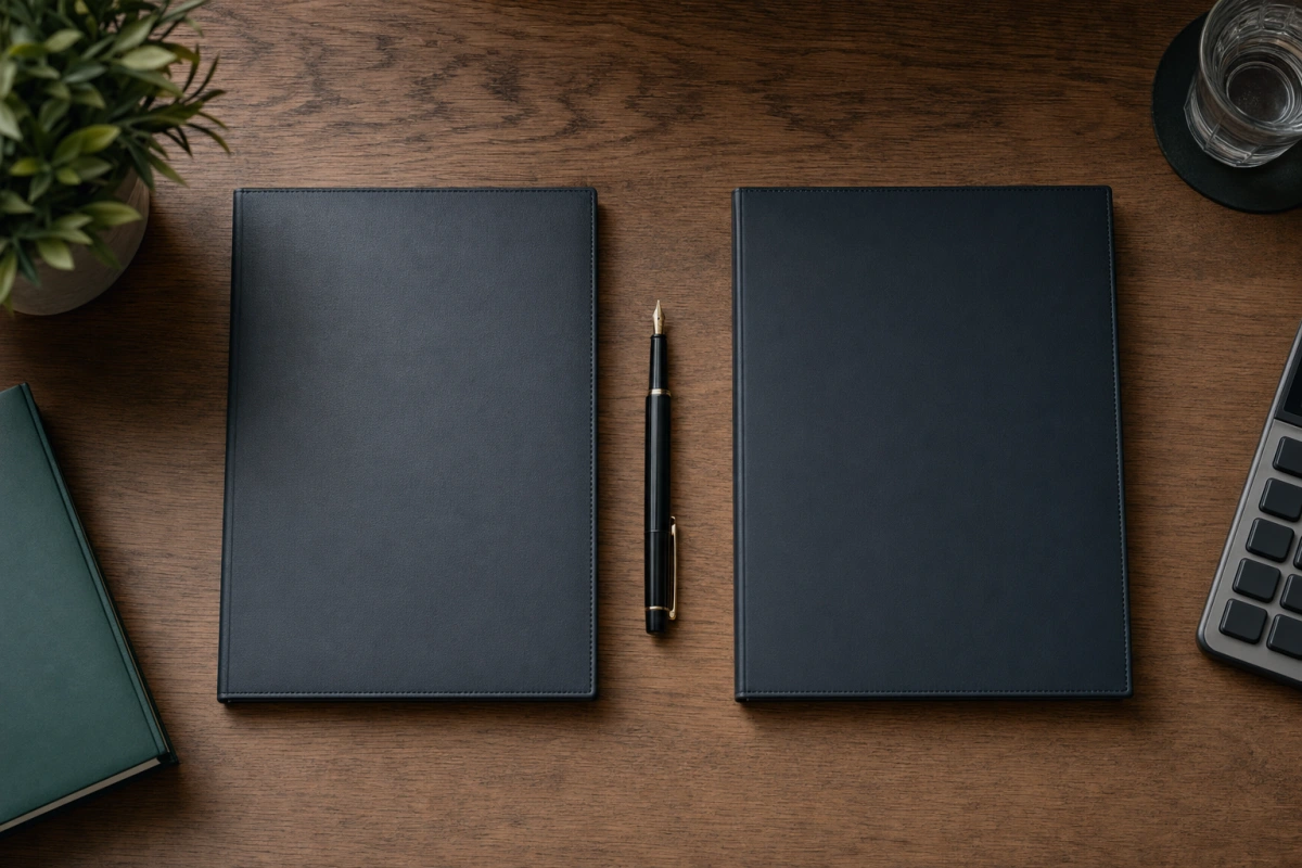 Dwie teczki bankowe obok siebie i pióro między nimi — porównanie PKO BP vs mBank, kredyt gotówkowy 2026.