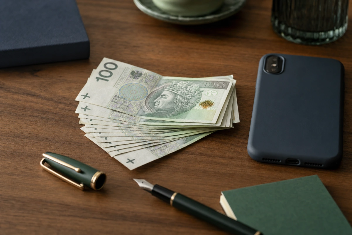 Plik banknotów 100 zł, smartfon i notes na biurku — pożyczka 10 000 zł, ranking banków i pożyczkodawców 2026.