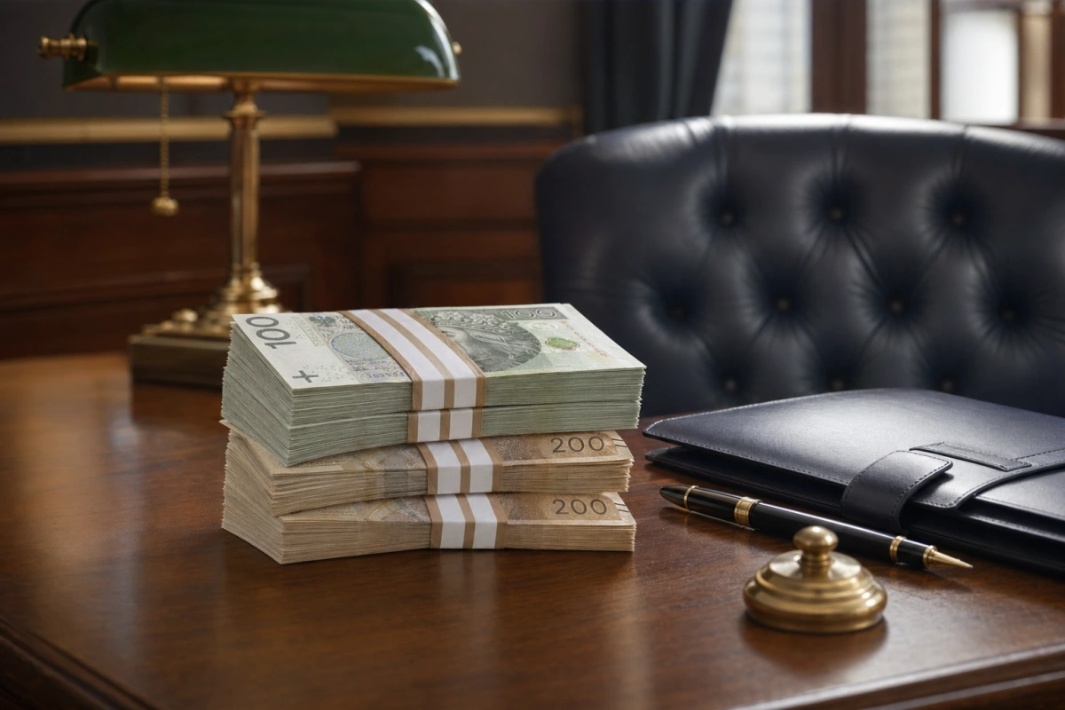 Duży banderolowany plik banknotów i skórzane portfolio — pożyczka 100 000 zł, większy kredyt gotówkowy w bankach 2026.