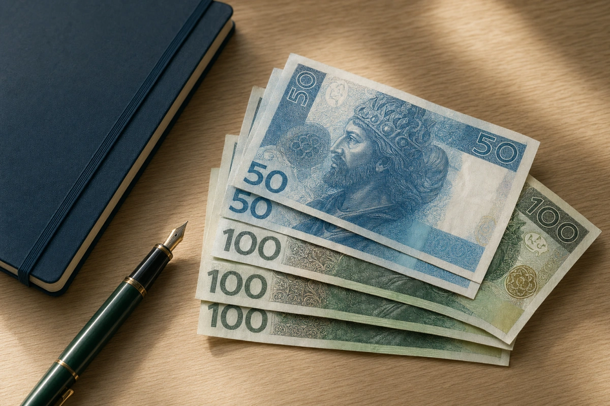 Niewielki plik banknotów 50 i 100 zł oraz notes na biurku — pożyczka 5 000 zł, oferty banków i firm pożyczkowych 2026.