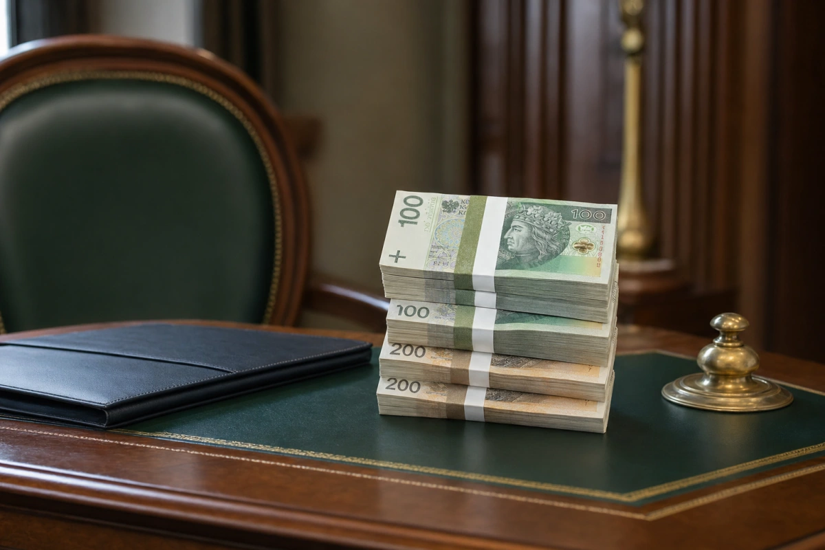 Banderolowany plik banknotów 100 i 200 zł na biurku bankowym — pożyczka 50 000 zł, kredyt gotówkowy w polskich bankach.