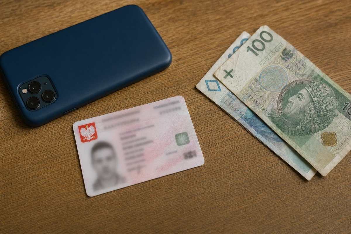 Polski dowód osobisty, smartfon i banknoty na biurku — szybka pożyczka na dowód bez biurokracji.
