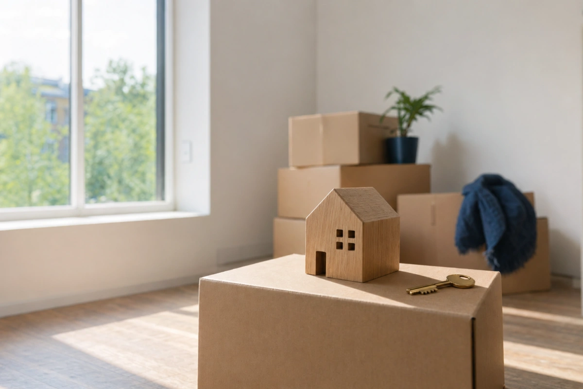 Kartony przeprowadzkowe i model domu w pustym mieszkaniu — przeniesienie kredytu hipotecznego do nowego banku.
