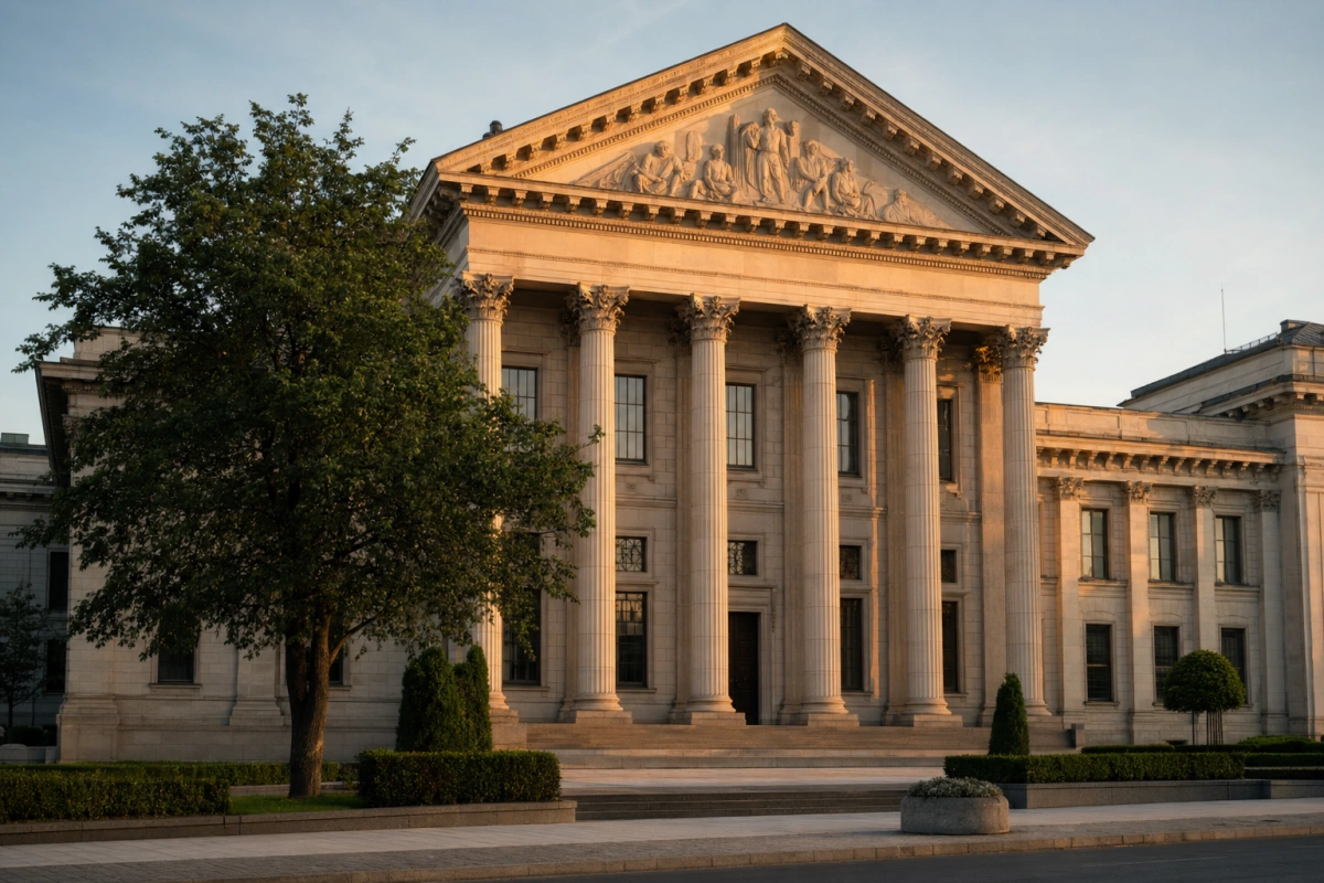 Klasyczna fasada budynku banku centralnego o złotej godzinie — Rada Polityki Pieniężnej i decyzje o stopach NBP.