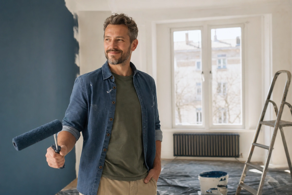 Mężczyzna w średnim wieku z wałkiem malarskim w remontowanym mieszkaniu — historia Tomasza, 45 lat, kredyt 80 000 zł na remont.