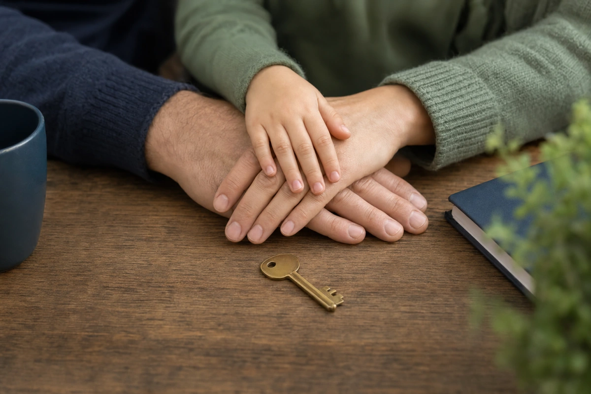 Dłonie rodziny złączone nad kluczem do domu — ubezpieczenie na życie wymagane do kredytu hipotecznego.