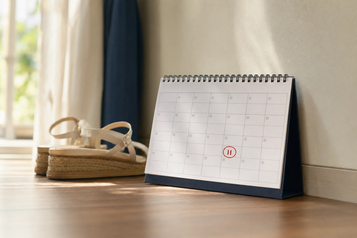 Kalendarz z zaznaczoną przerwą i letnie sandały na podłodze — wakacje kredytowe 2026, wniosek o zawieszenie raty.