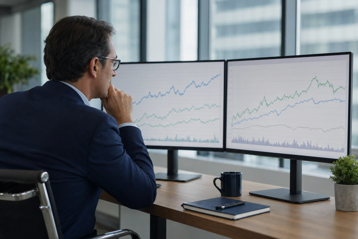 Dwa monitory z różnymi wykresami obok siebie — różnice WIBOR vs WIRON i reforma wskaźników 2027.