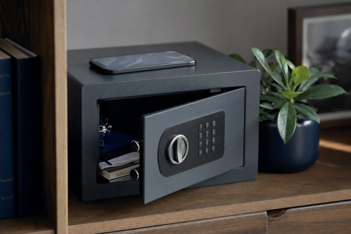 Mały sejf z telefonem na półce — sprawa zondacrypto i KNF, co z pieniędzmi klientów giełdy kryptowalut.