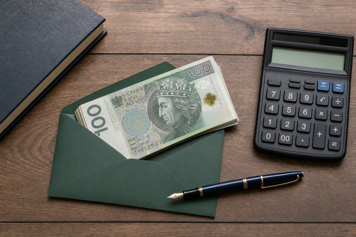 Kalkulator i koperta z banknotami 100 zł na biurku — zwrot prowizji bankowej i kalkulator małej TSUE.